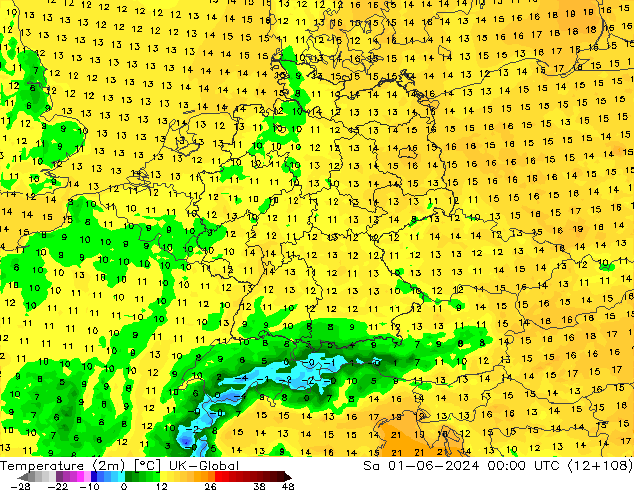 Temperatura (2m) UK-Global Sáb 01.06.2024 00 UTC