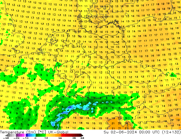 Temperatuurkaart (2m) UK-Global zo 02.06.2024 00 UTC