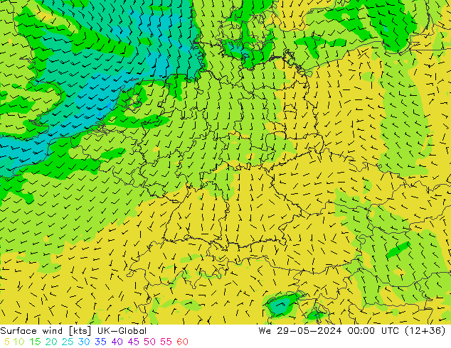 Vento 10 m UK-Global Qua 29.05.2024 00 UTC