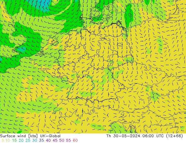 Surface wind UK-Global Th 30.05.2024 06 UTC