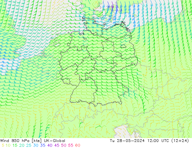 Wind 850 hPa UK-Global Tu 28.05.2024 12 UTC