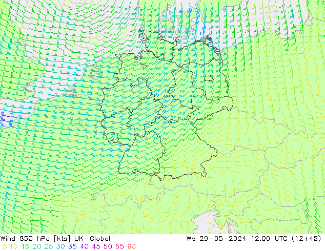 Wind 850 hPa UK-Global wo 29.05.2024 12 UTC