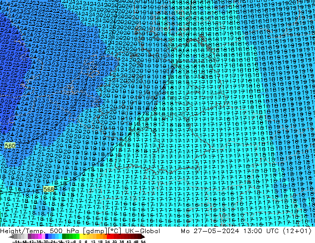 Height/Temp. 500 hPa UK-Global Mo 27.05.2024 13 UTC