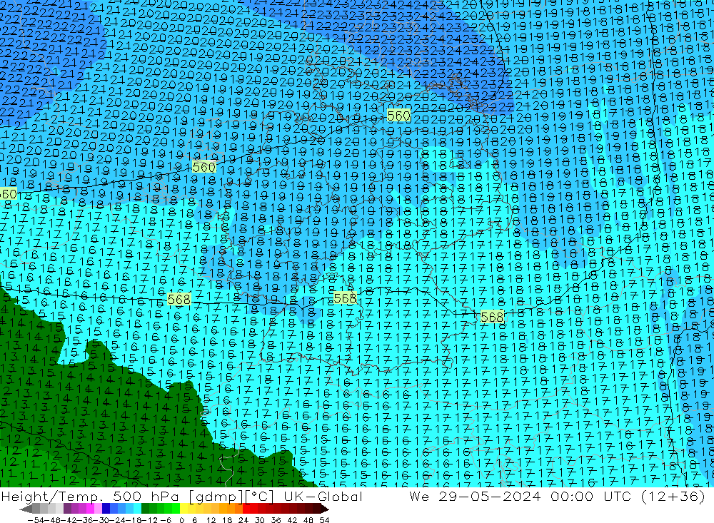 Geop./Temp. 500 hPa UK-Global mié 29.05.2024 00 UTC