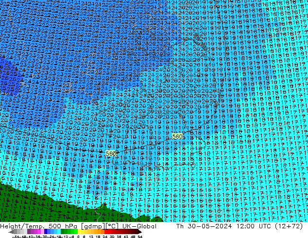 Hoogte/Temp. 500 hPa UK-Global do 30.05.2024 12 UTC