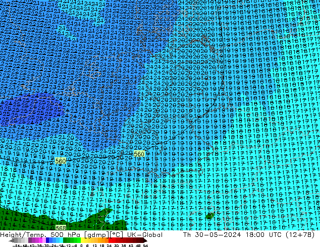 Height/Temp. 500 hPa UK-Global gio 30.05.2024 18 UTC