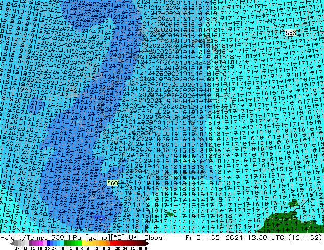 Height/Temp. 500 hPa UK-Global Fr 31.05.2024 18 UTC