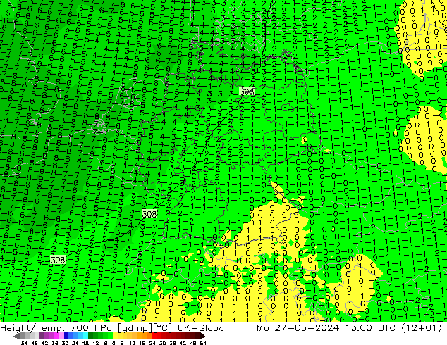 Height/Temp. 700 hPa UK-Global Mo 27.05.2024 13 UTC