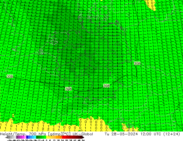 Height/Temp. 700 hPa UK-Global Di 28.05.2024 12 UTC