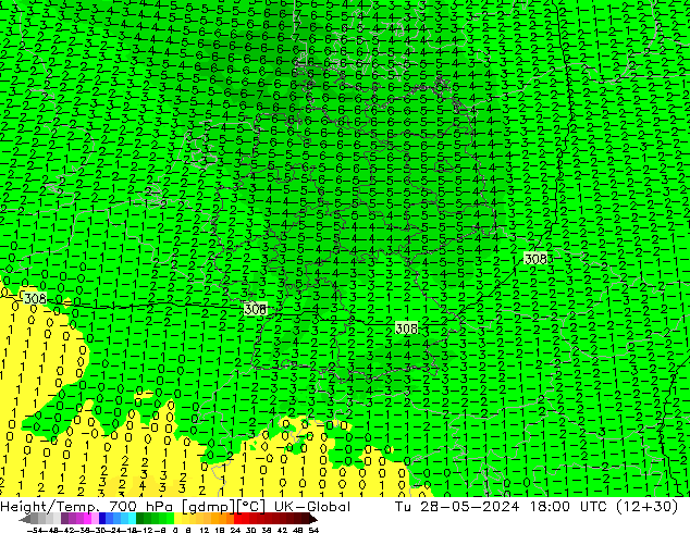 Height/Temp. 700 hPa UK-Global wto. 28.05.2024 18 UTC