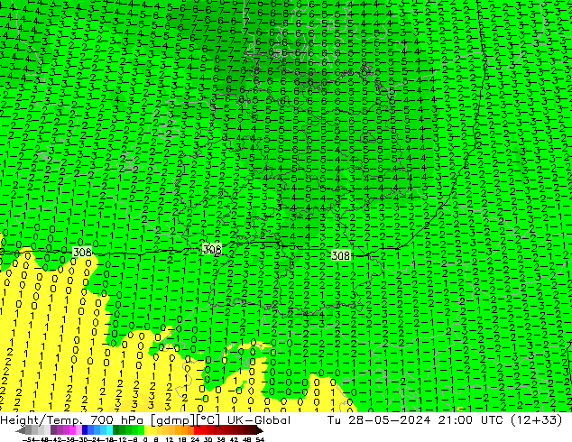 Height/Temp. 700 hPa UK-Global Di 28.05.2024 21 UTC