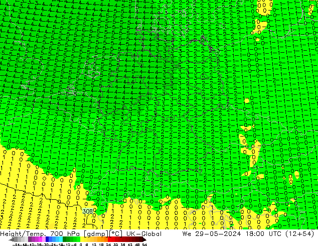 Height/Temp. 700 hPa UK-Global We 29.05.2024 18 UTC