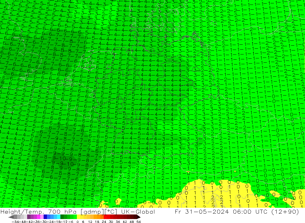 Height/Temp. 700 hPa UK-Global Sex 31.05.2024 06 UTC