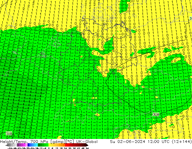 Height/Temp. 700 hPa UK-Global dom 02.06.2024 12 UTC