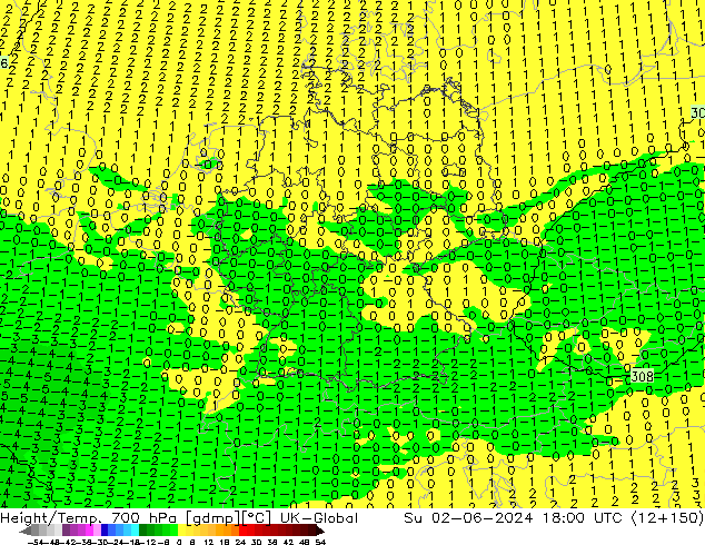 Height/Temp. 700 hPa UK-Global dom 02.06.2024 18 UTC