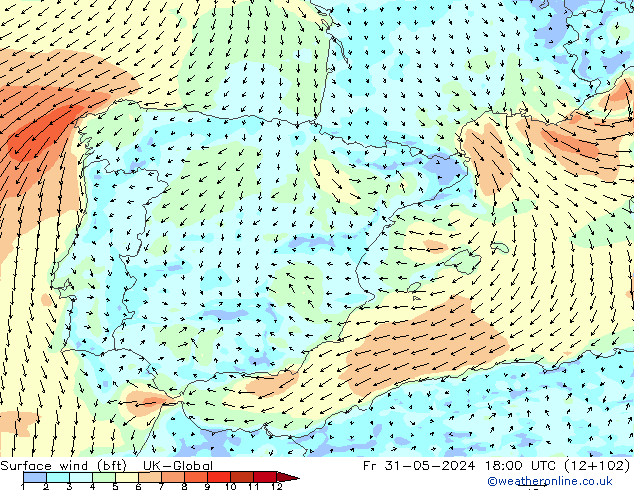 Surface wind (bft) UK-Global Fr 31.05.2024 18 UTC