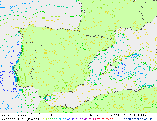 Isotachs (kph) UK-Global Mo 27.05.2024 13 UTC