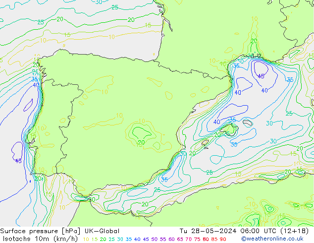 Isotachs (kph) UK-Global  28.05.2024 06 UTC