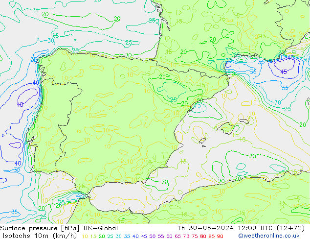 Izotacha (km/godz) UK-Global czw. 30.05.2024 12 UTC