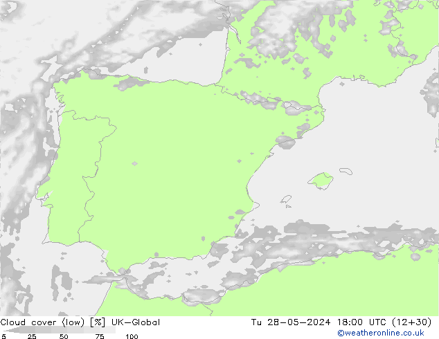 Cloud cover (low) UK-Global Tu 28.05.2024 18 UTC