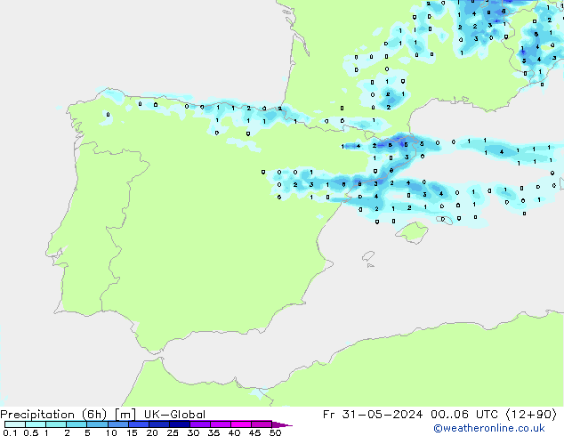 Totale neerslag (6h) UK-Global vr 31.05.2024 06 UTC