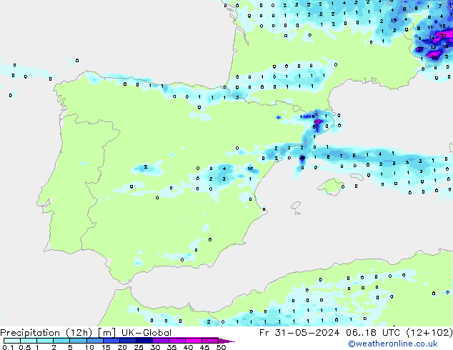 Precipitazione (12h) UK-Global ven 31.05.2024 18 UTC