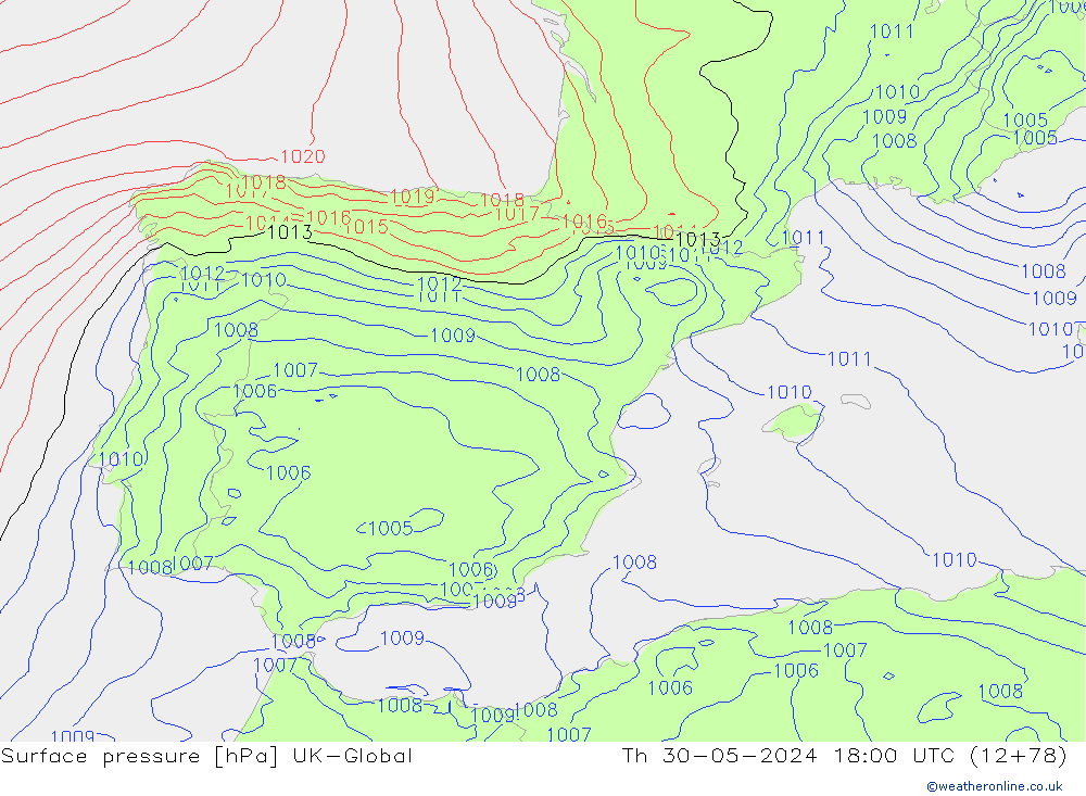 Surface pressure UK-Global Th 30.05.2024 18 UTC