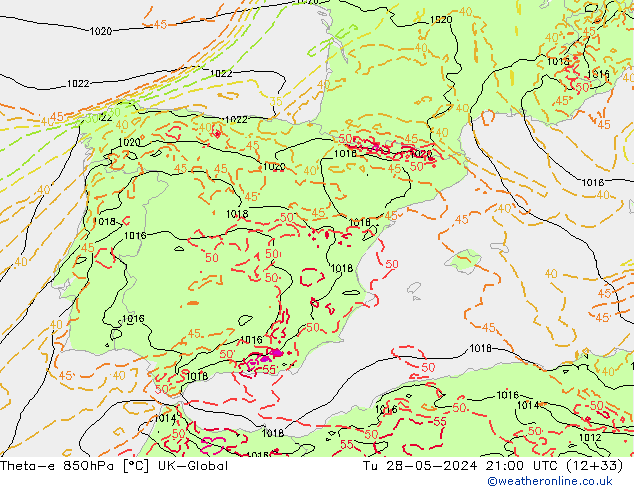 Theta-e 850hPa UK-Global Sa 28.05.2024 21 UTC