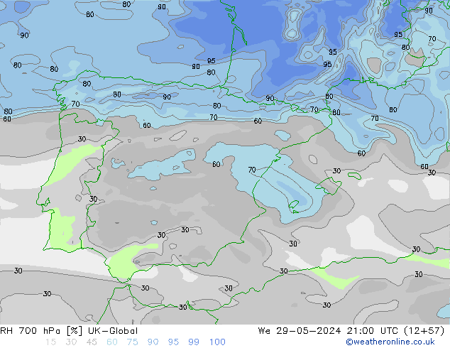 RH 700 hPa UK-Global Mi 29.05.2024 21 UTC