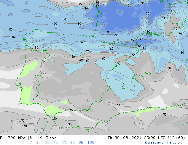 RH 700 hPa UK-Global czw. 30.05.2024 00 UTC