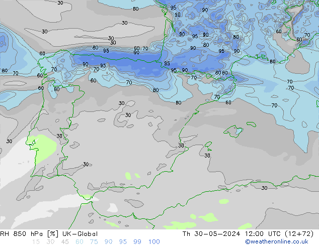 RH 850 hPa UK-Global Th 30.05.2024 12 UTC