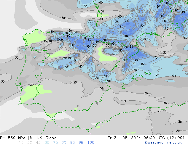 RH 850 hPa UK-Global Fr 31.05.2024 06 UTC