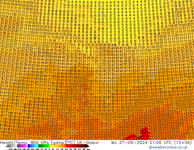 Height/Temp. 850 hPa UK-Global lun 27.05.2024 21 UTC