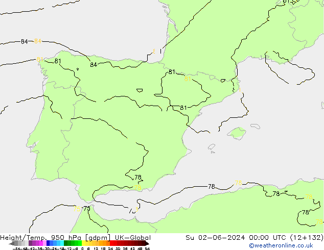 Height/Temp. 950 hPa UK-Global  02.06.2024 00 UTC