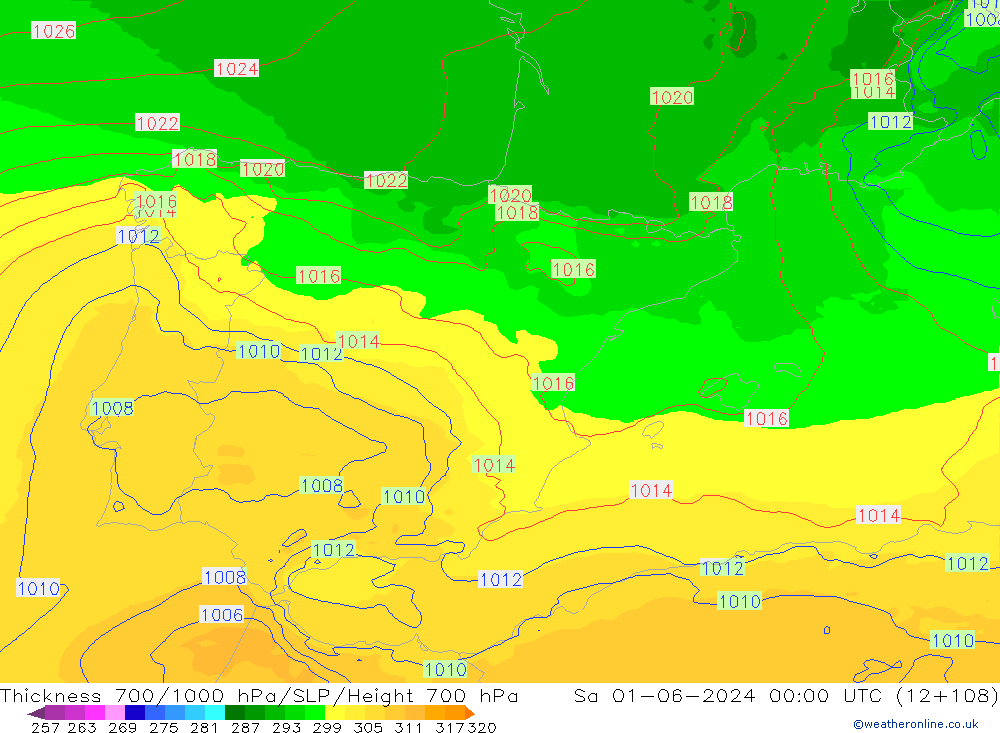 Thck 700-1000 hPa UK-Global Sa 01.06.2024 00 UTC