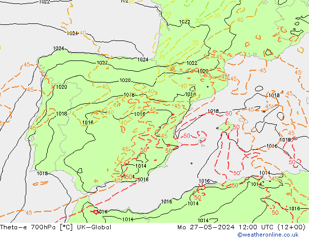 Theta-e 700hPa UK-Global lun 27.05.2024 12 UTC