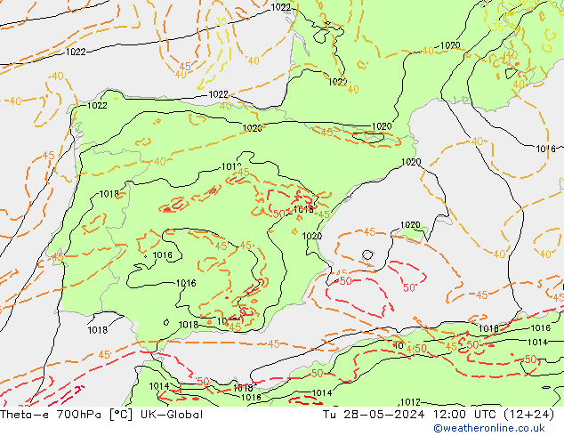 Theta-e 700гПа UK-Global вт 28.05.2024 12 UTC