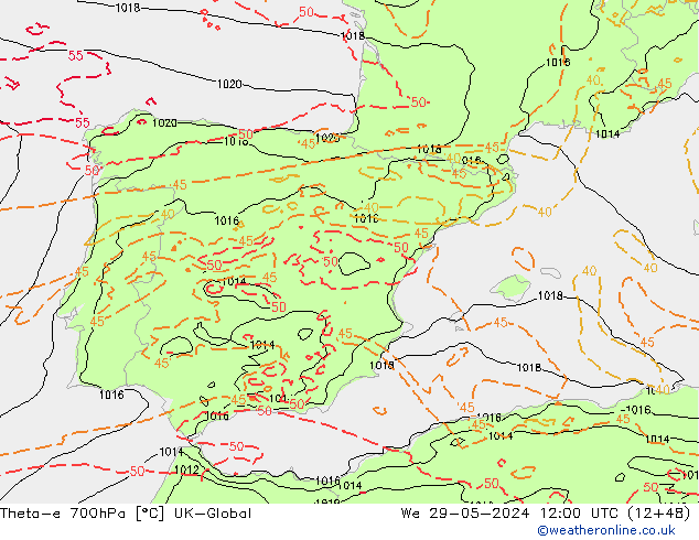 Theta-e 700hPa UK-Global śro. 29.05.2024 12 UTC