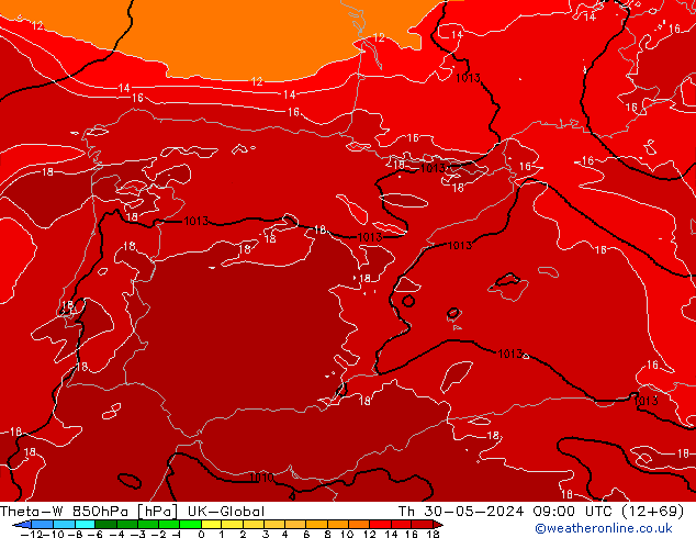 Theta-W 850hPa UK-Global czw. 30.05.2024 09 UTC