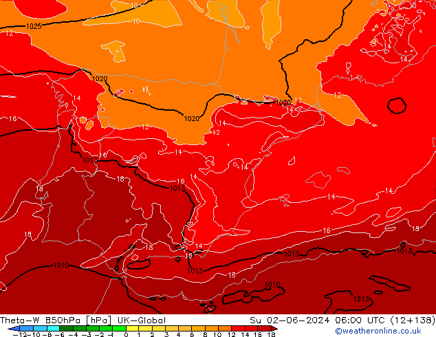 Theta-W 850hPa UK-Global Su 02.06.2024 06 UTC