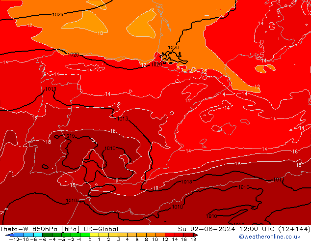 Theta-W 850гПа UK-Global Вс 02.06.2024 12 UTC