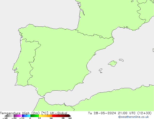 Temperature High (2m) UK-Global Tu 28.05.2024 21 UTC