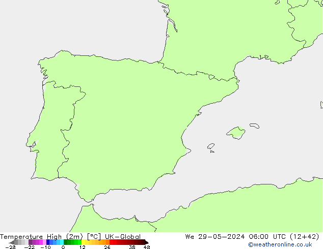 temperatura máx. (2m) UK-Global Qua 29.05.2024 06 UTC