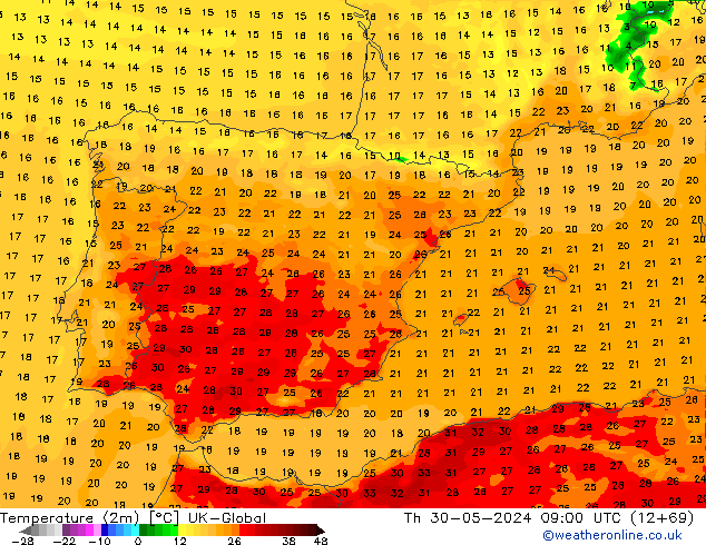 Temperature (2m) UK-Global Th 30.05.2024 09 UTC