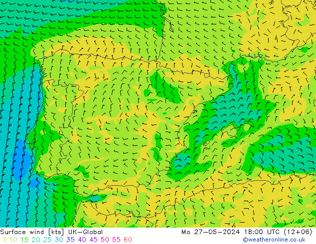 Vento 10 m UK-Global lun 27.05.2024 18 UTC