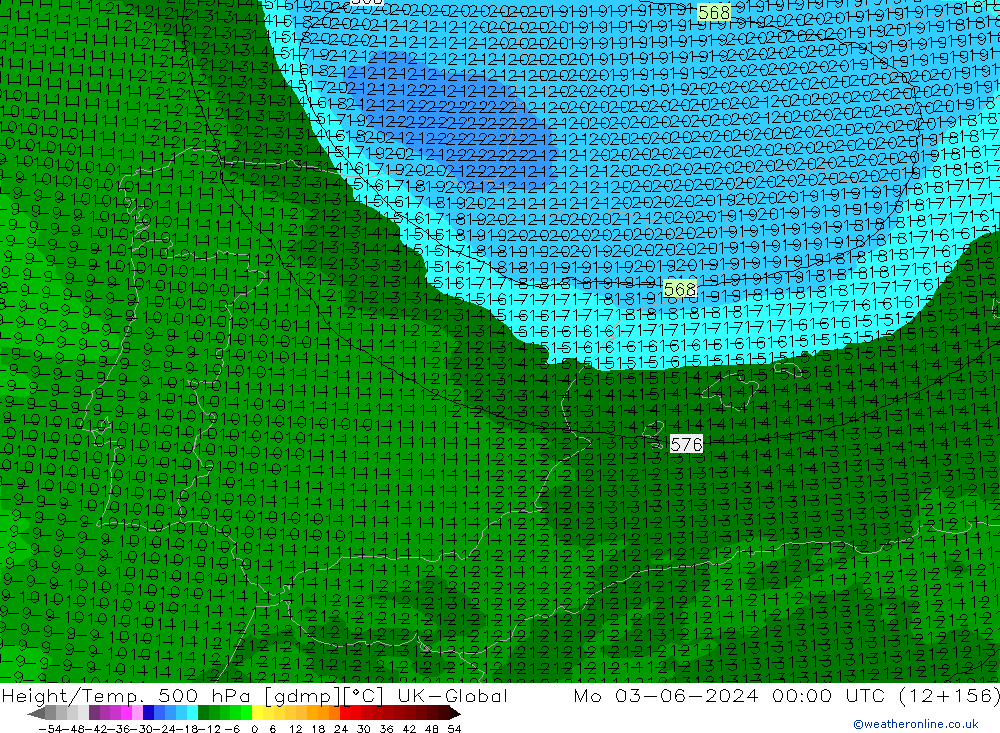 Height/Temp. 500 hPa UK-Global Po 03.06.2024 00 UTC