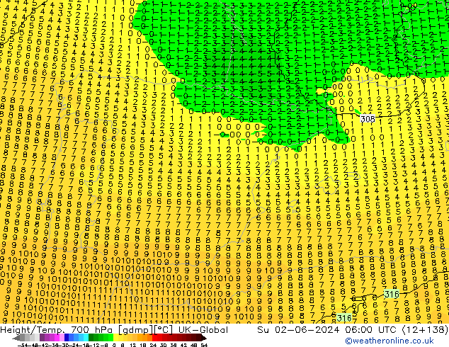 Hoogte/Temp. 700 hPa UK-Global zo 02.06.2024 06 UTC