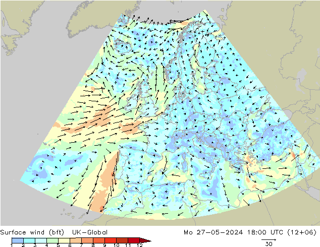 Surface wind (bft) UK-Global Po 27.05.2024 18 UTC