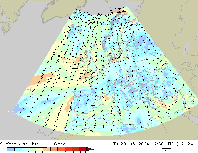 Surface wind (bft) UK-Global Út 28.05.2024 12 UTC