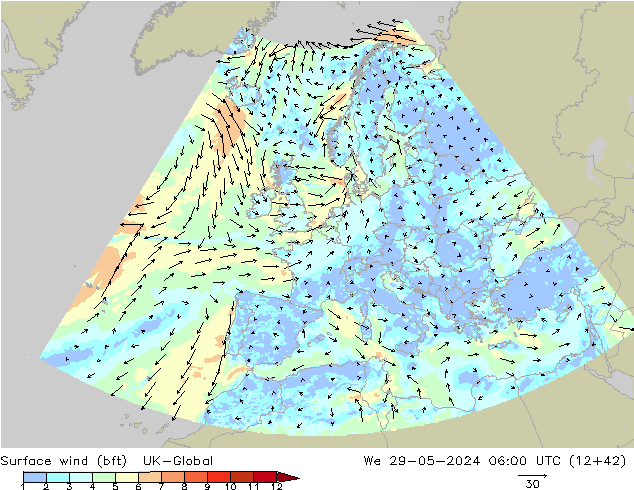 Surface wind (bft) UK-Global We 29.05.2024 06 UTC